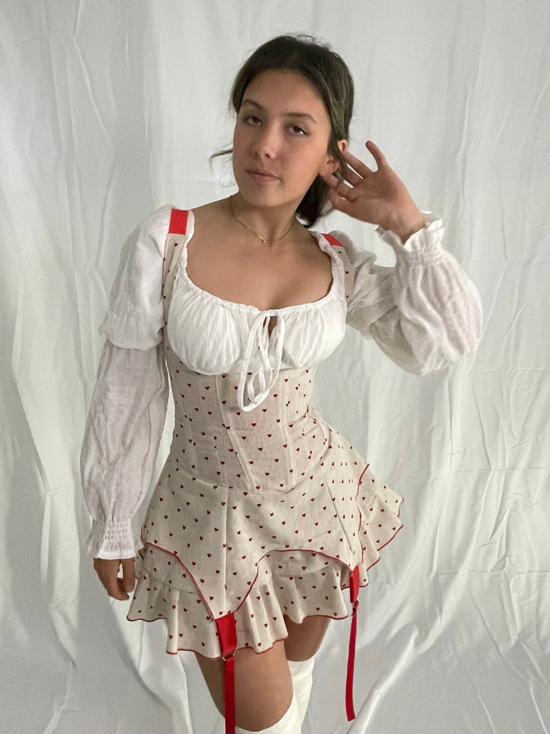 corset maid dress Red Poplin Corset Dress: Milkmaid Cottagecore Midi Dress