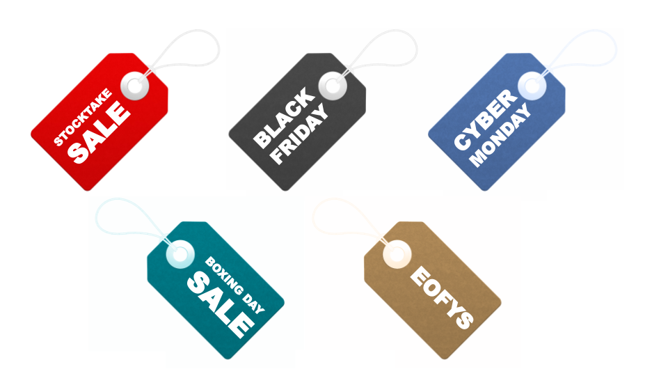 Stocktake sale, black friday, cyber monday, boxing day, EOFYS