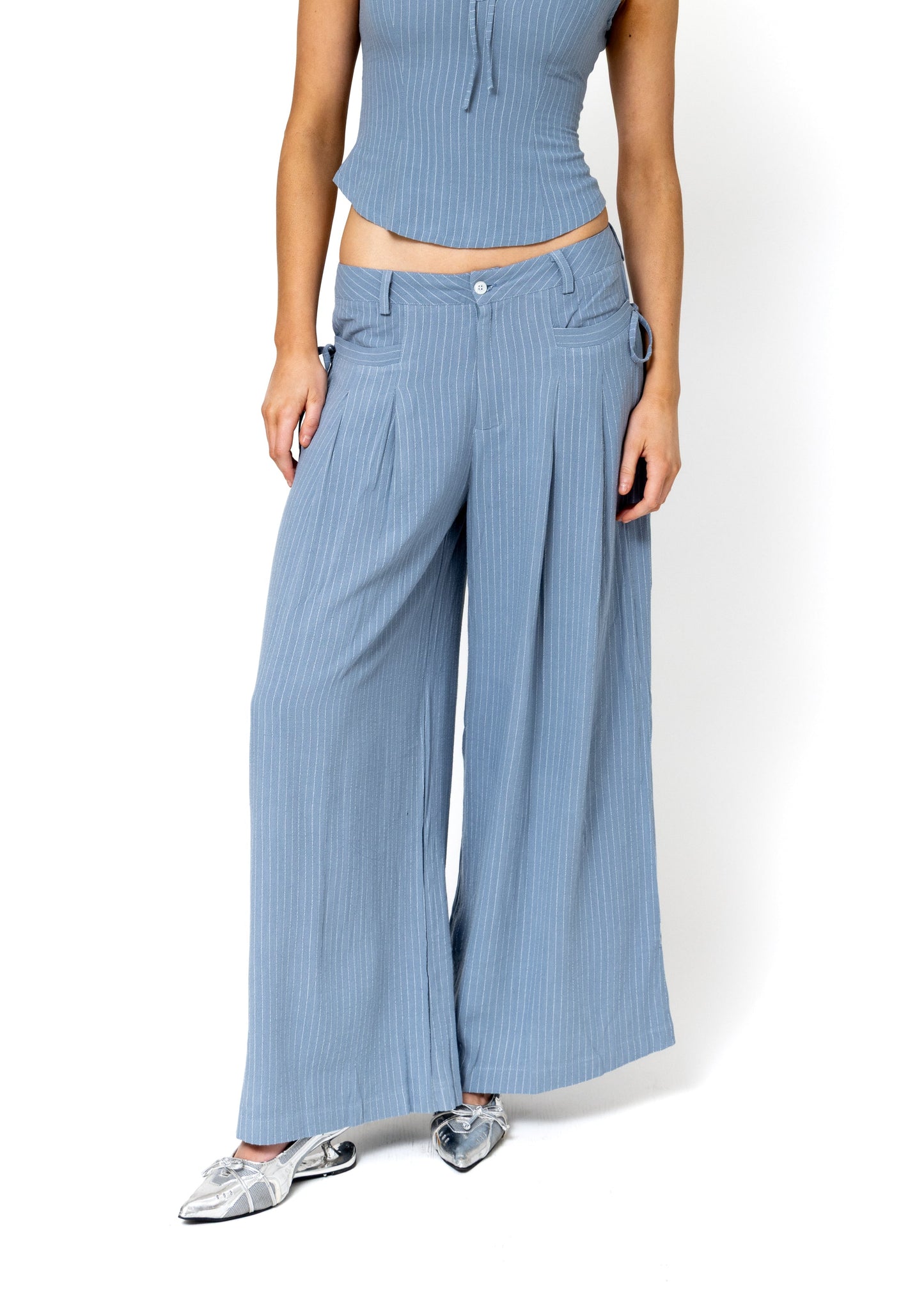 Chloe Pants - Blue Pinstripe Linen