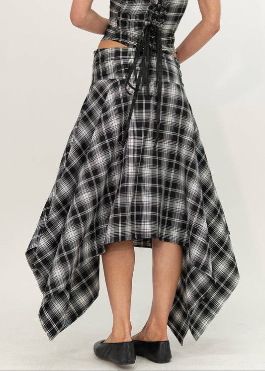 Back view of the Mila plaid midi skirt with handkerchief hem, worn with the Alba Plaid lace-up back top