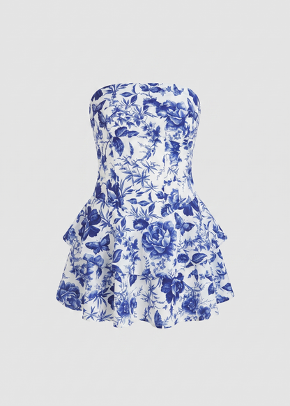 Strapless mini corset dress Blue and White floral