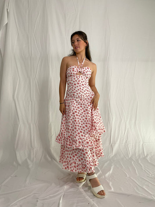 Corset dress long two layers red flowers (was $249)